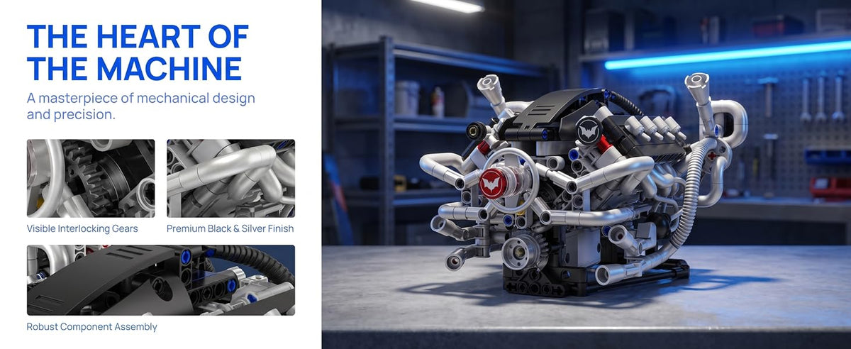 V8 engine assembly, visible gears and black and silver finish