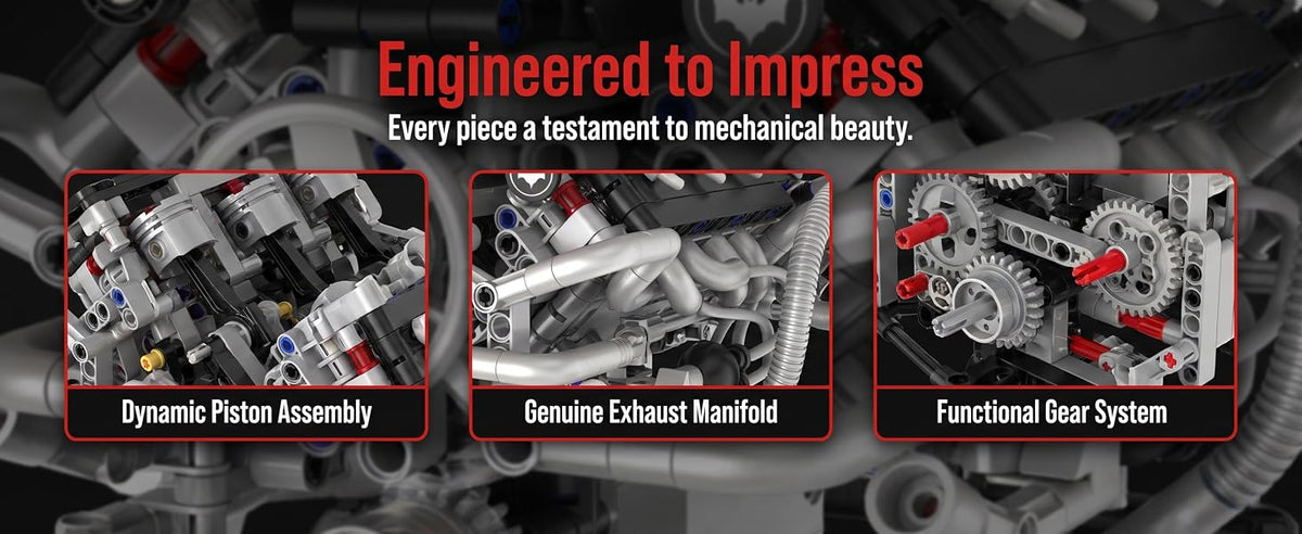 V8 piston assembly, exhaust manifold and gear system details
