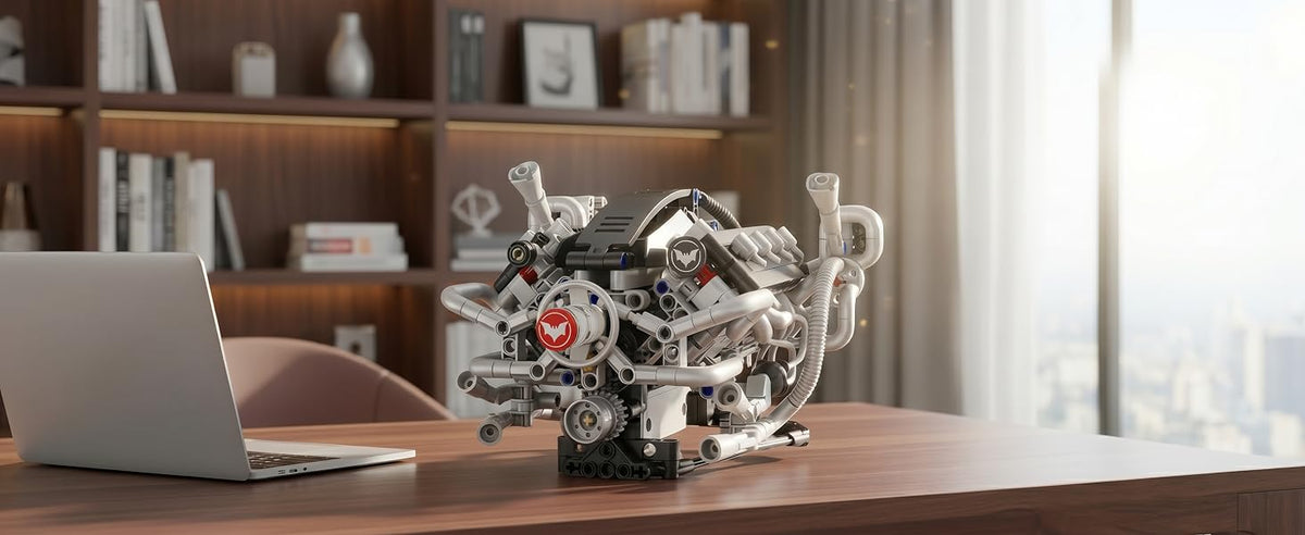 Completed V8 engine model displayed on a desk