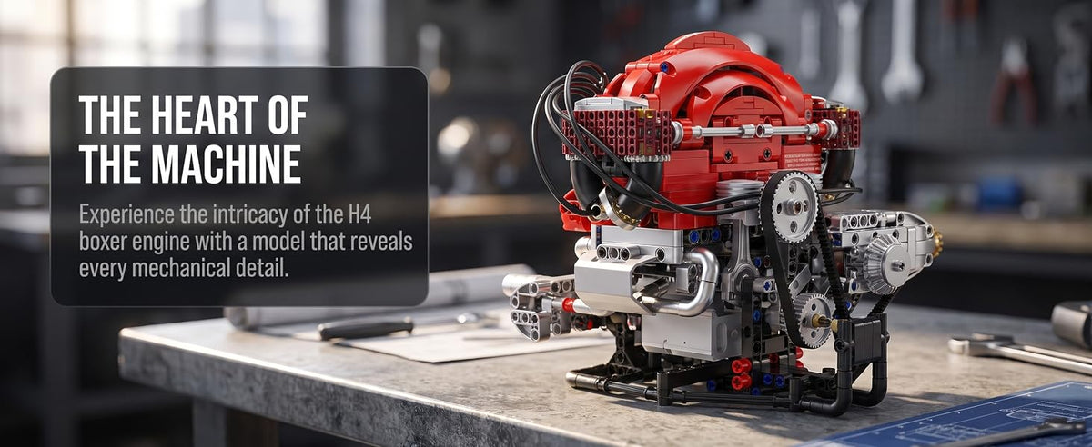 Completed H4 boxer engine model in a workshop setting