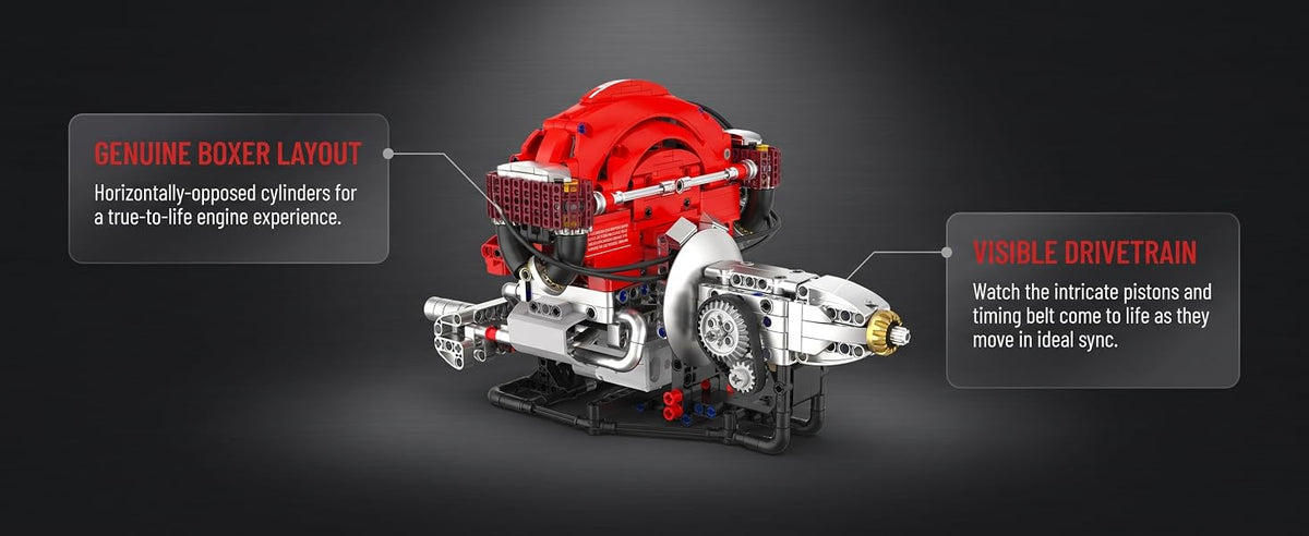 Opposed-cylinder layout and visible H4 drivetrain