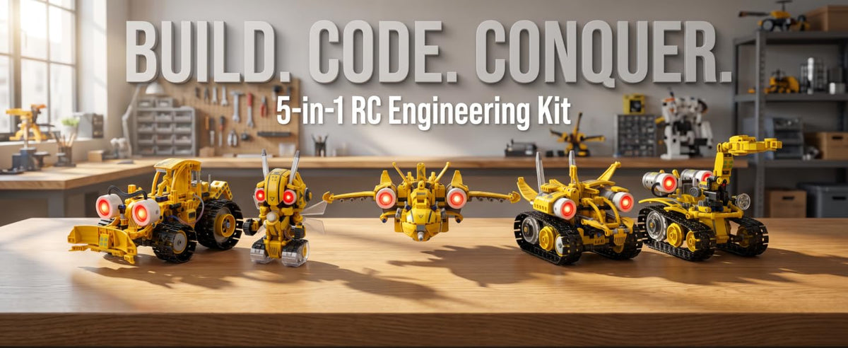 Five yellow robot and engineering vehicle models