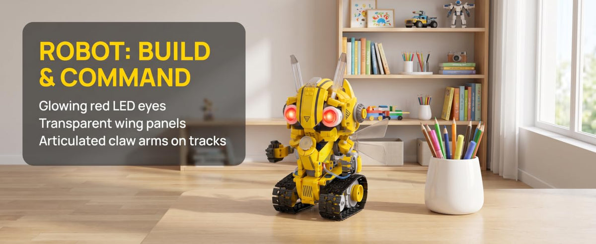 Yellow robot model with red LED eyes and articulated arms