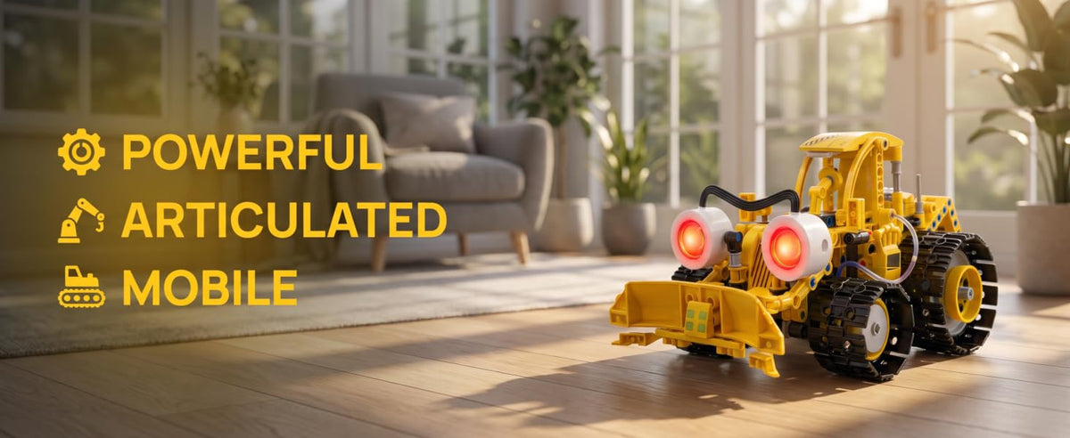 Yellow construction vehicle with tracks and mechanical arms