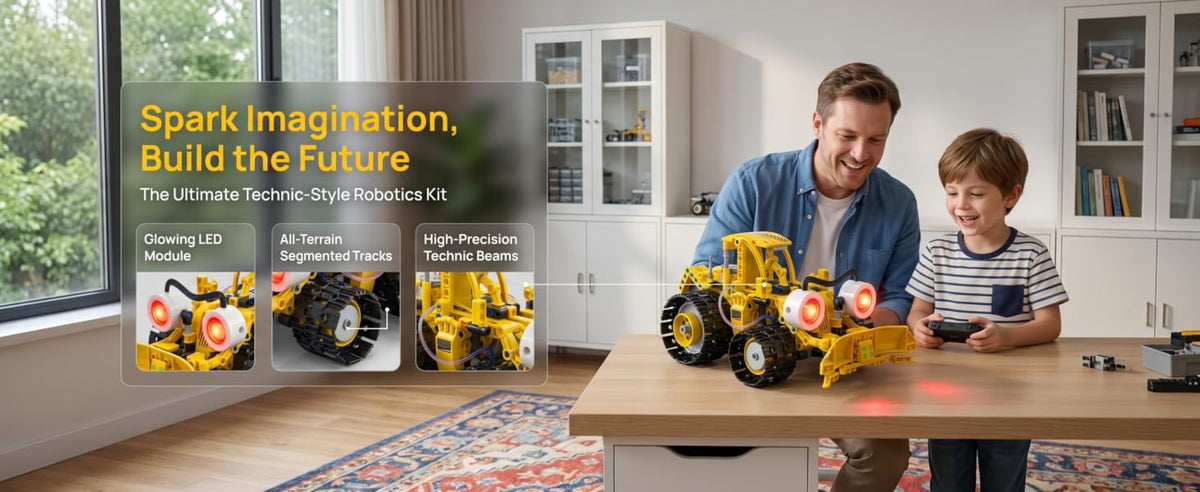Parent and child exploring the yellow engineering robot kit