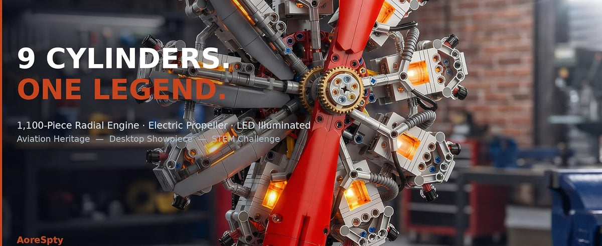 Radial engine overview with electric propeller and illuminated display