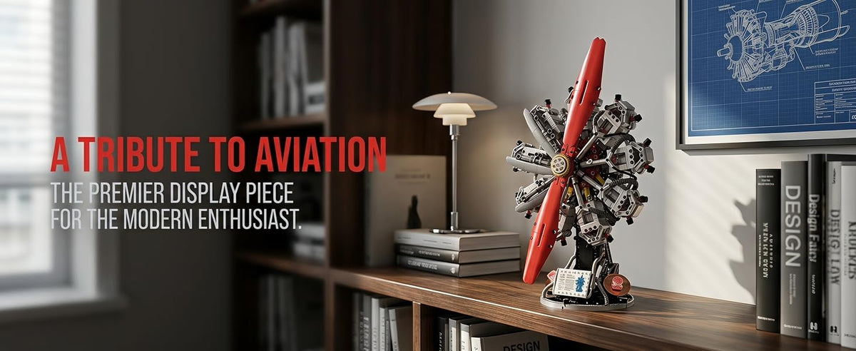 Completed radial engine model displayed on a shelf