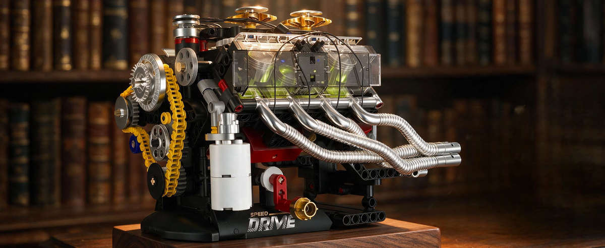 Completed transparent V8 engine model on a display base