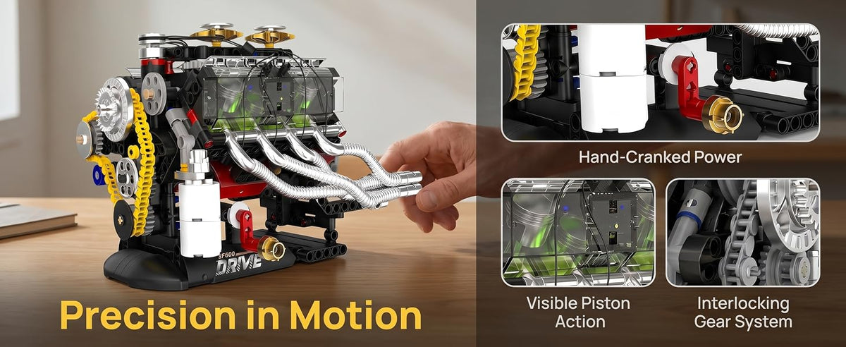 Hand-cranked operation with visible pistons and interlocking gears