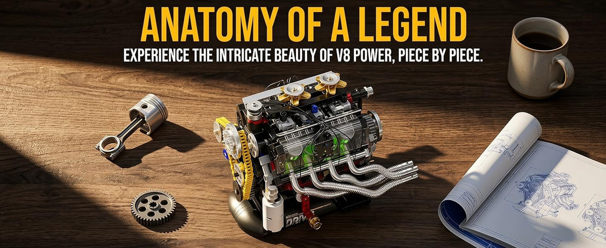 V8 engine model and mechanical assembly details