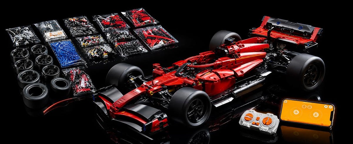 1:10 Red Open-Wheel RC Car Building Kit — 1086 Pieces — building pieces and control options