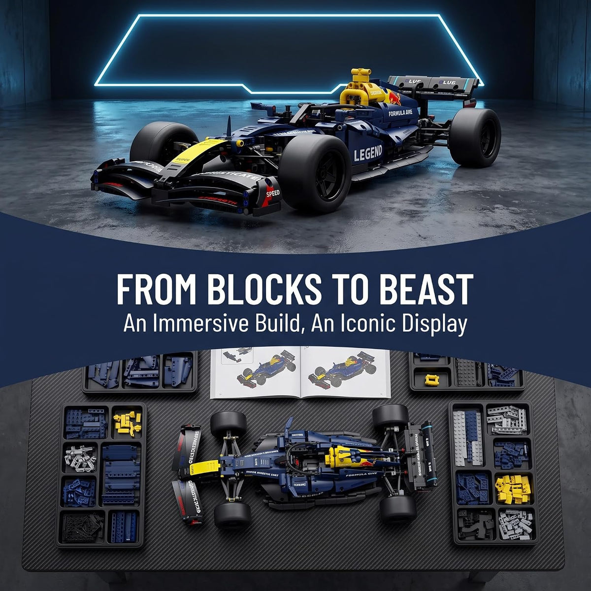 1:10 Blue Open-Wheel RC Car Building Kit — building pieces and illustrated instructions