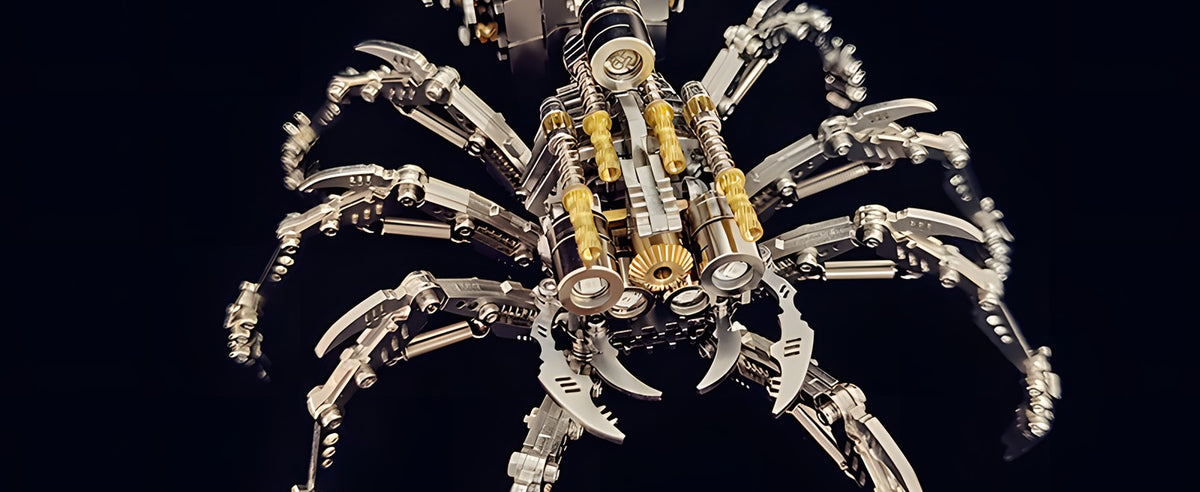 Assembled metal spider model on a dark background