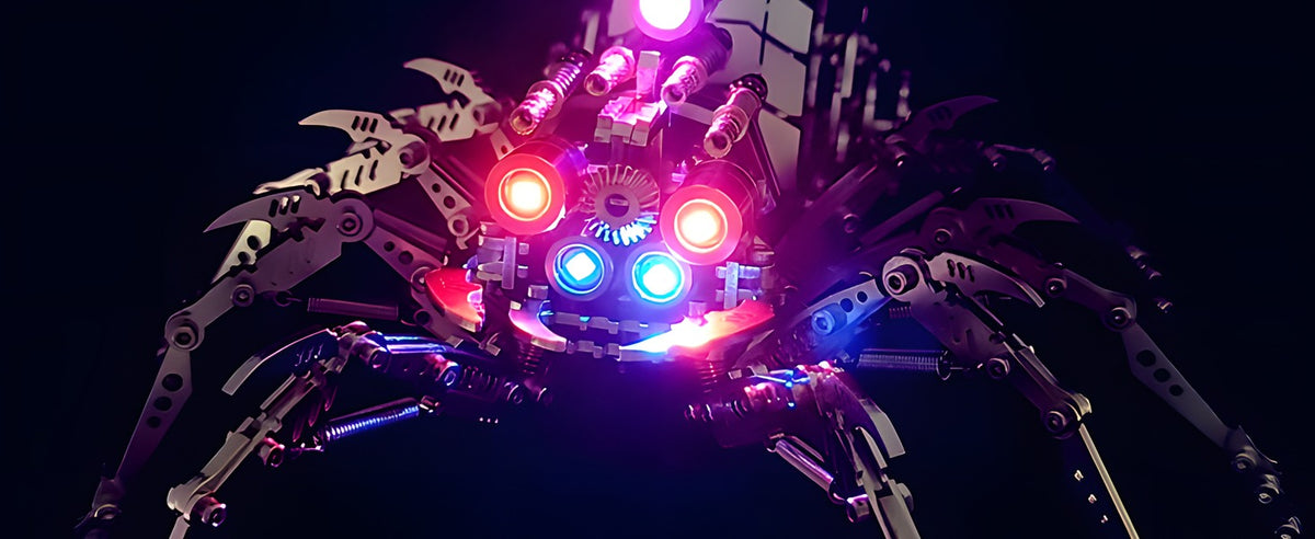 Colorful LED lights on the metal spider model