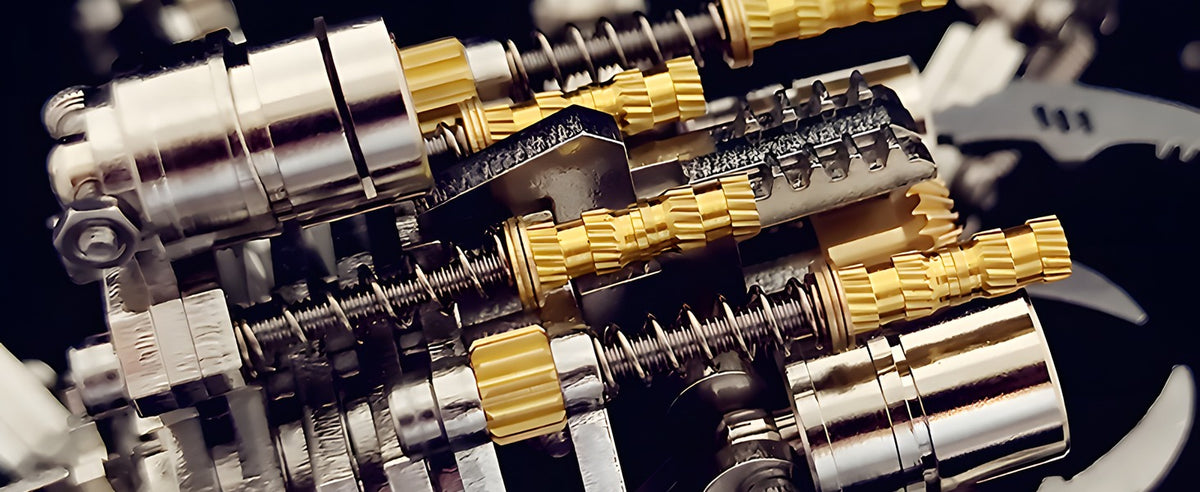 Metal spider gears and springs in close-up