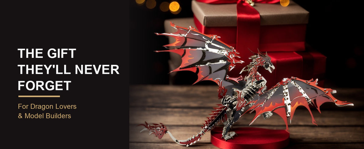 Metal dragon model beside wrapped gifts