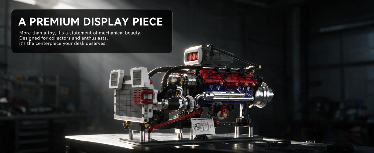Completed V8 engine model displayed with a transparent case