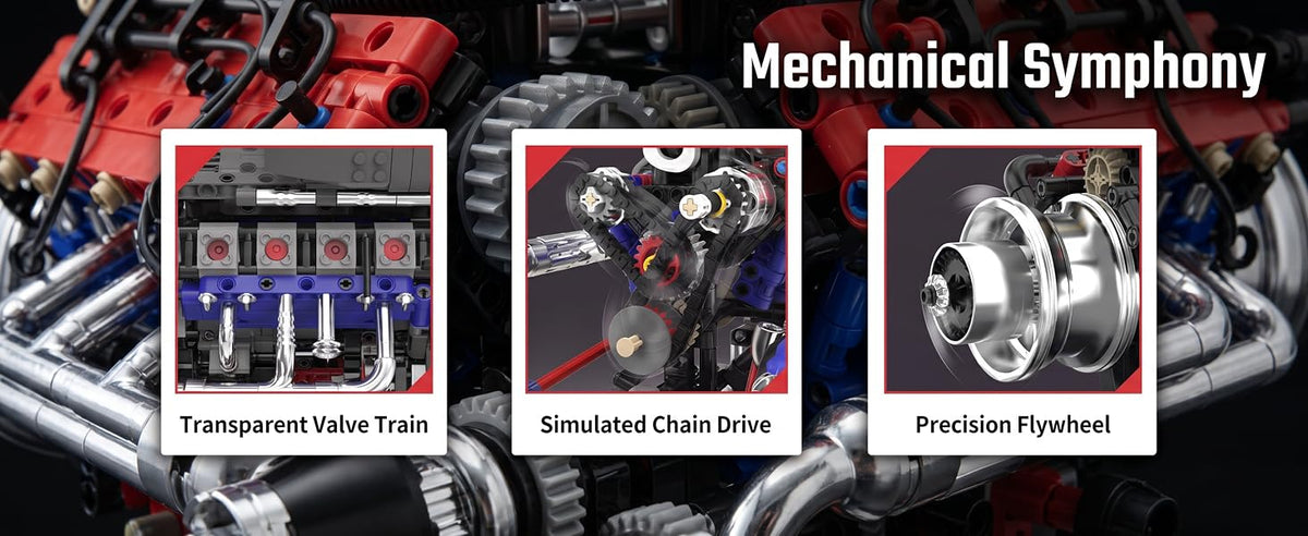 Visible valvetrain, simulated chain drive and flywheel details