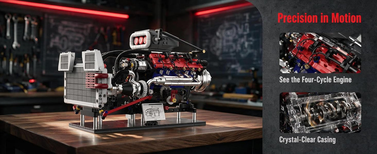 Four-stroke V8 engine model and crystal-clear casing