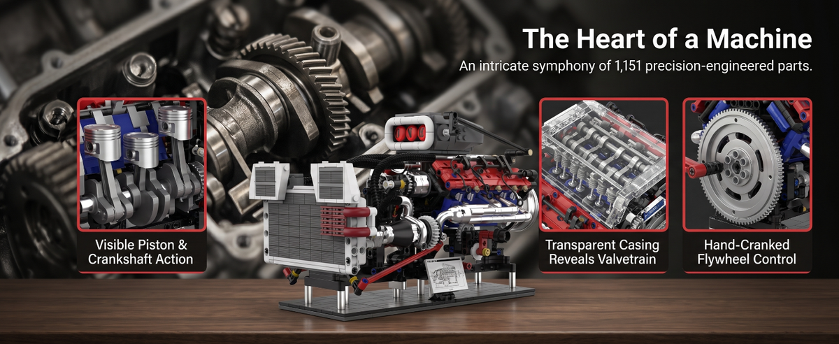1,151-piece V8 engine with visible pistons and hand-cranked flywheel