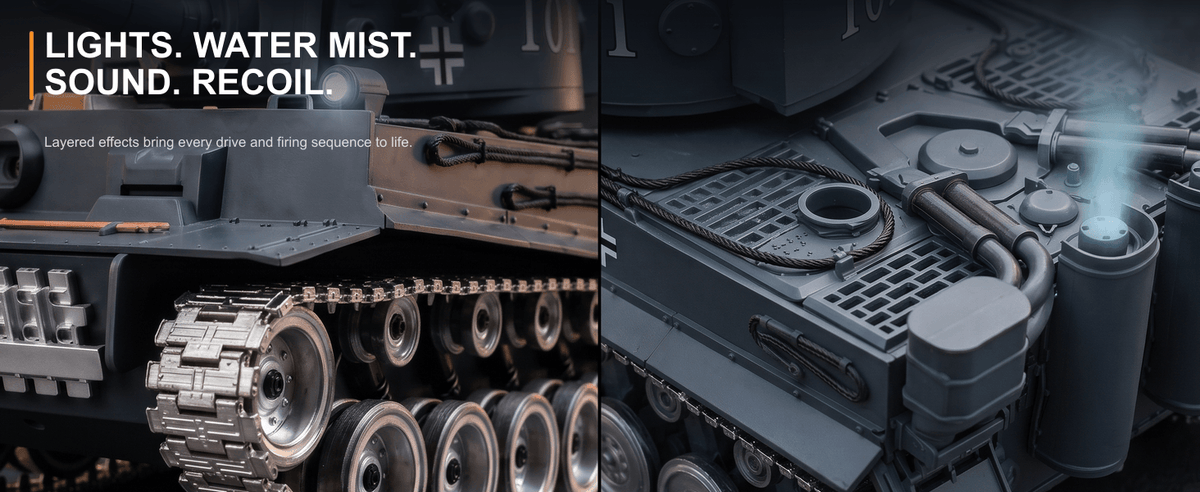 Lights, water mist, sound and recoil details